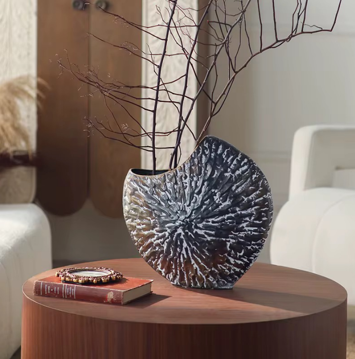 Sculpted Silver Fan Vase – Textured Modern Rustic Decorative Flower Vase