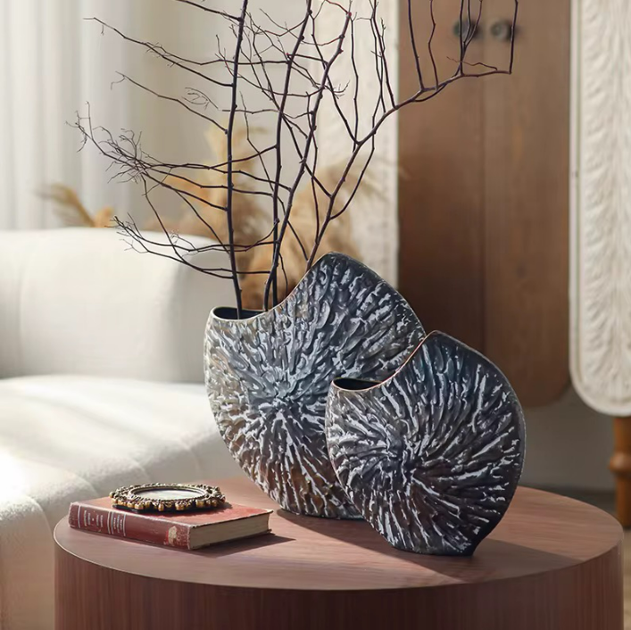 Sculpted Silver Fan Vase – Textured Modern Rustic Decorative Flower Vase