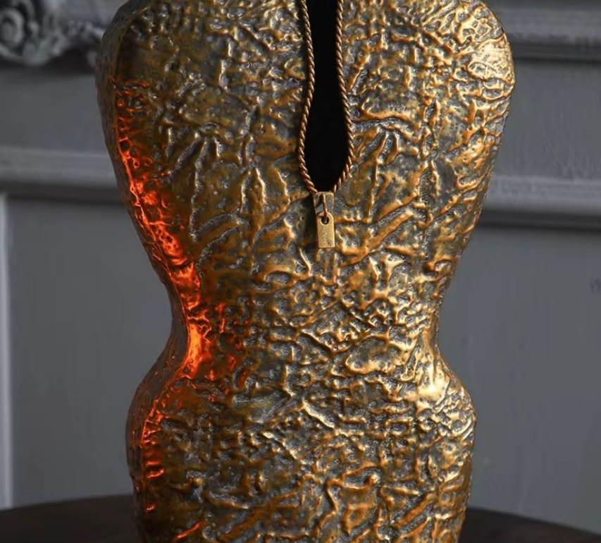 Antique Gold Sculptural Metal Vase – Textured Statement Floor & Console Vase