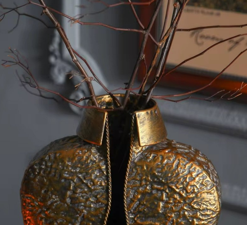 Antique Gold Sculptural Metal Vase – Textured Statement Floor & Console Vase