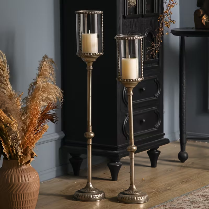 Vintage Tall Metal Candle Lantern Stand Set – Rustic Floor Candle Holders with Glass Shade