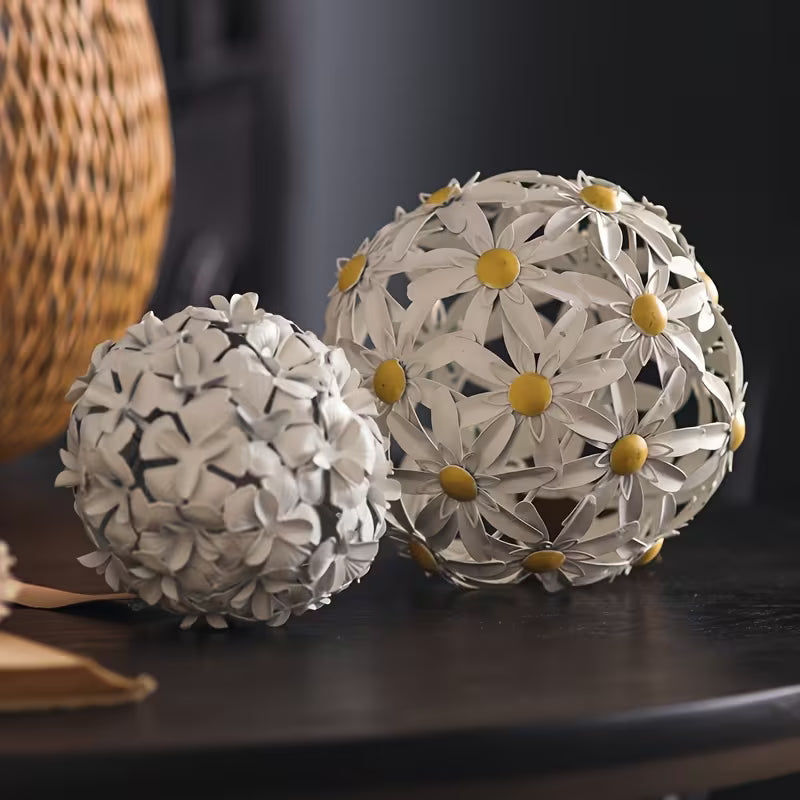 BloomSphere Metal Decor Set – Rustic Daisy Orb Duo
