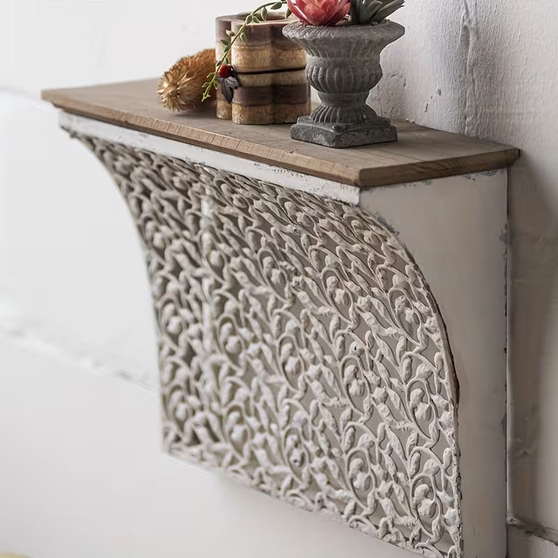 Rustic Carved Wall Shelf Cabinet – Vintage Hanging Storage Console