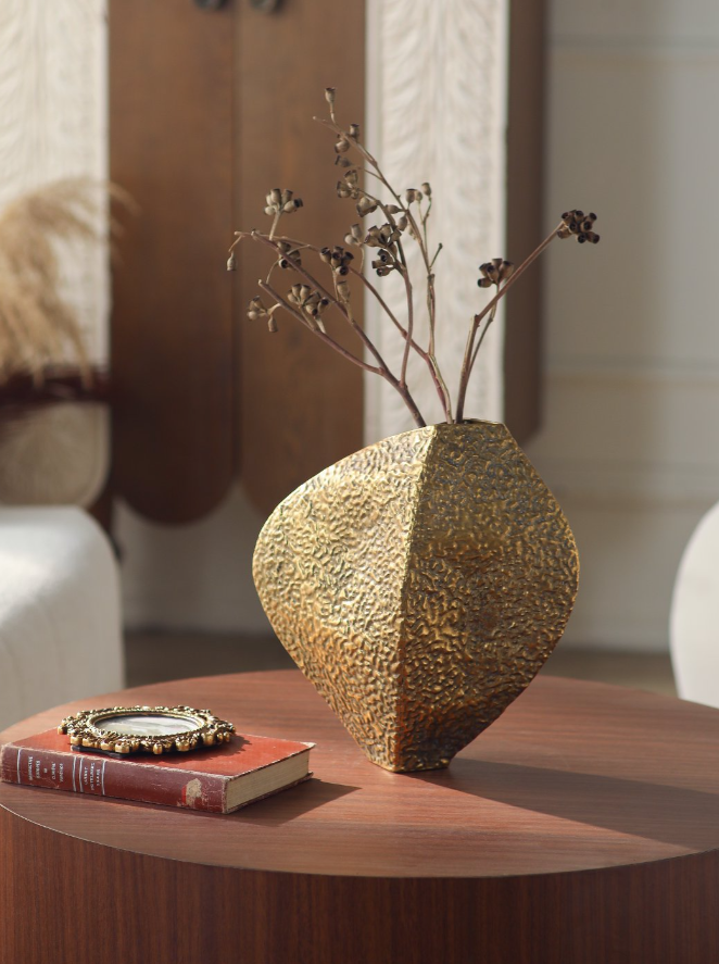 Geometric Hammered Gold Metal Vase  – Modern Rustic Sculptural Décor