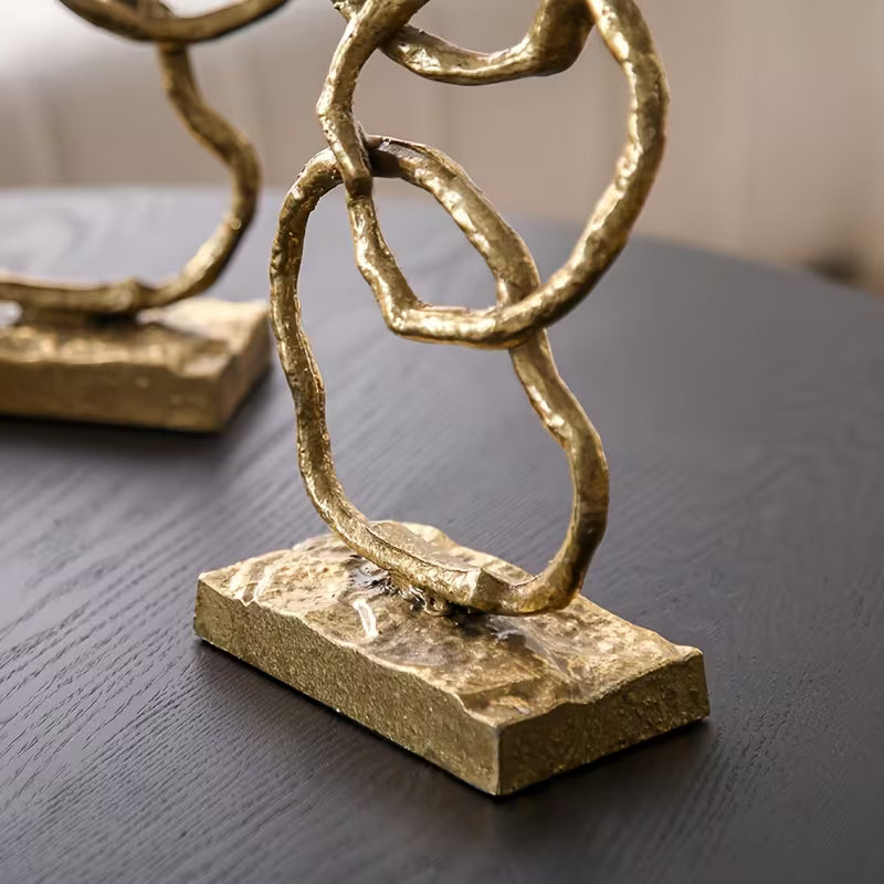 Abstract Ring Metal Sculpture – Rustic Gold Artistic Table Decor