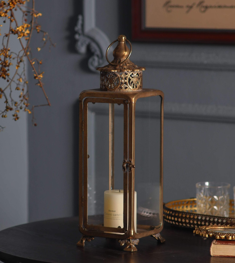 Aurevale Vintage Brass Glass Lantern Metal Candle Holder