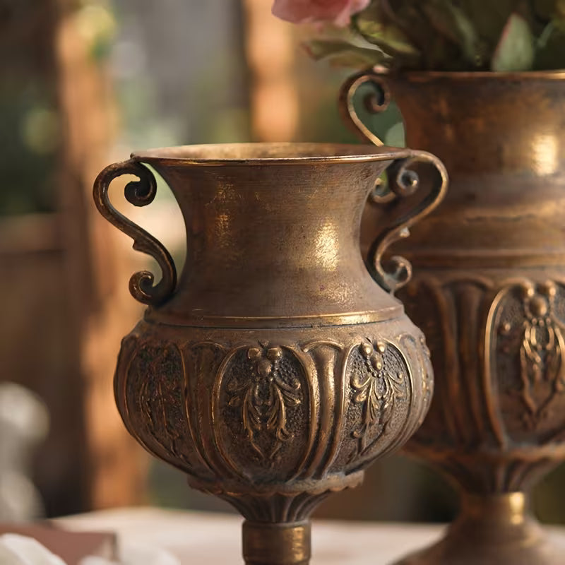 Rustic Vintage Metal Vase – Antique Floral Urn Planters