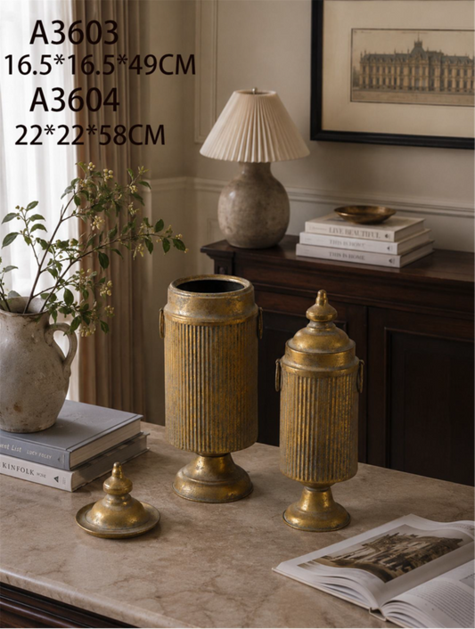 Antique Gold Ribbed Metal Urn Vase & Vintage Decorative Jar