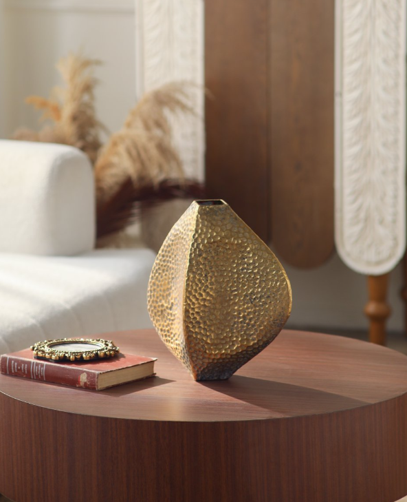 Geometric Hammered Gold Metal Vase  – Modern Rustic Sculptural Décor
