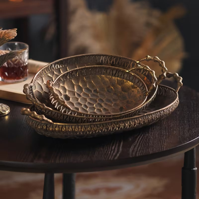 Heritage Oval Metal Tray Set – Vintage Carved Serving Trio