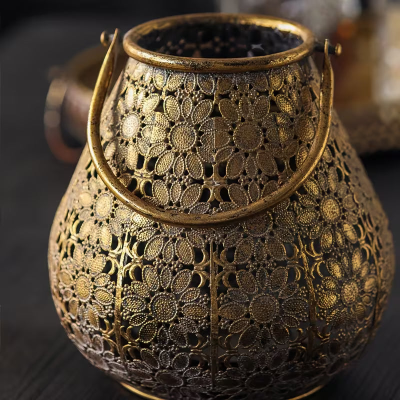 Rustic Antique Metal Lantern Set – Floral Cutwork Candle Holders