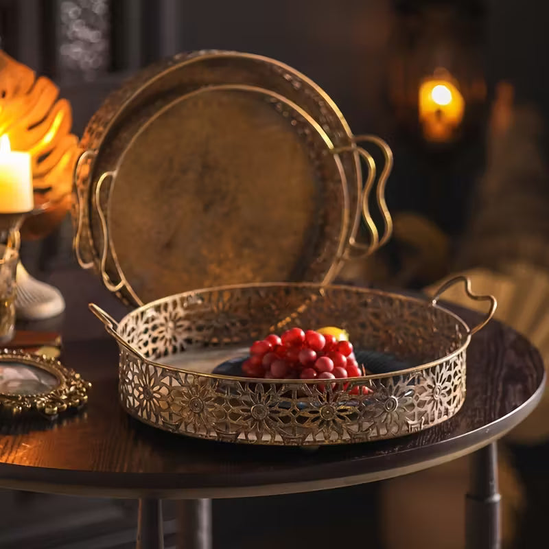 Vintage Bloom Metal Tray Set – Handcrafted Floral Serving Trio