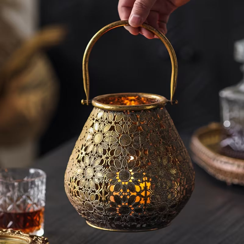 Rustic Antique Metal Lantern Set – Floral Cutwork Candle Holders