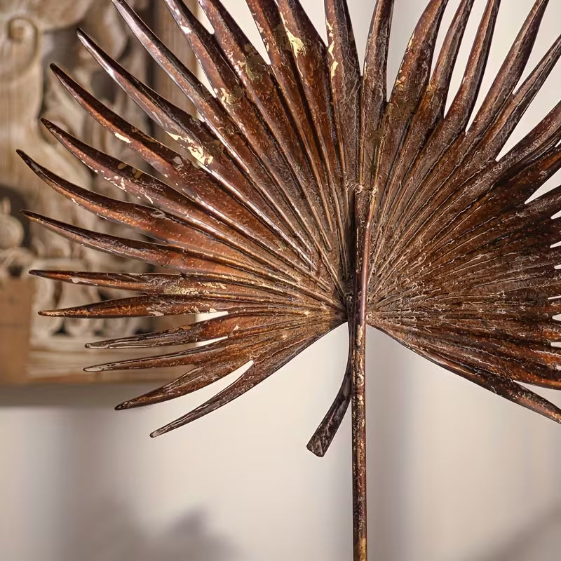 Rustic Palm Leaf Metal Sculpture – Vintage Statement Table Accent
