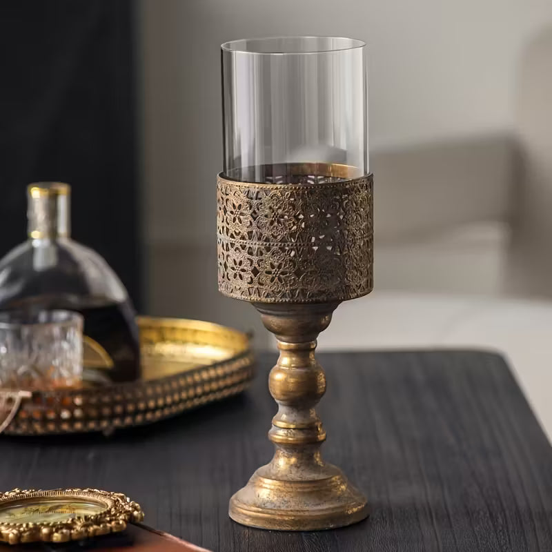 Rustic Glass Candle Holder Set – Vintage Metal Base Lantern Stands