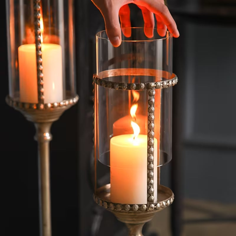 Vintage Tall Metal Candle Lantern Stand Set – Rustic Floor Candle Holders with Glass Shade