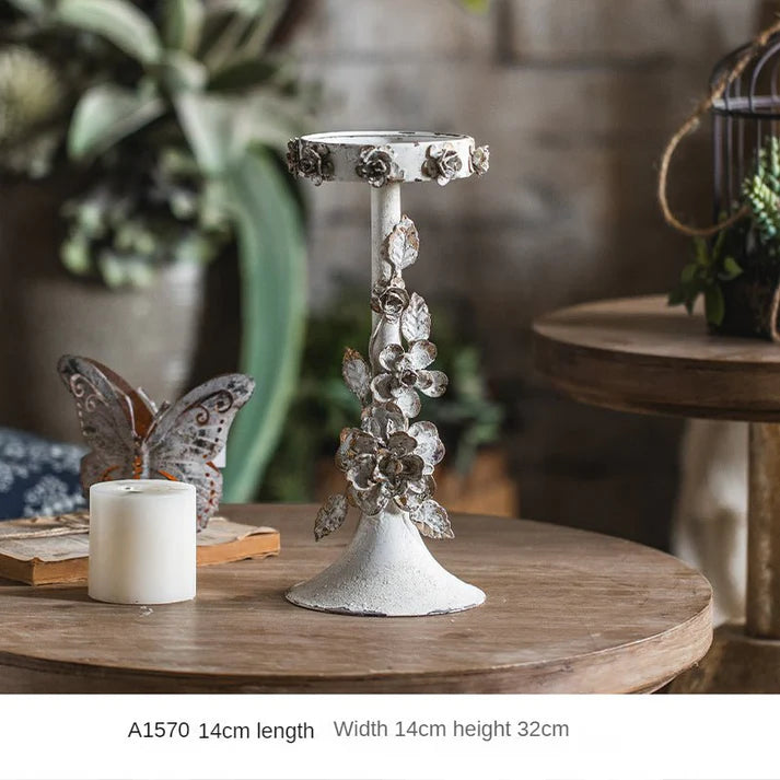 Rustic Floral Metal Candle Holder Stand – Vintage Table Accent