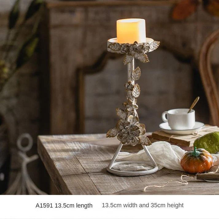Rustic Floral Metal Candle Holder Stand – Vintage Table Accent
