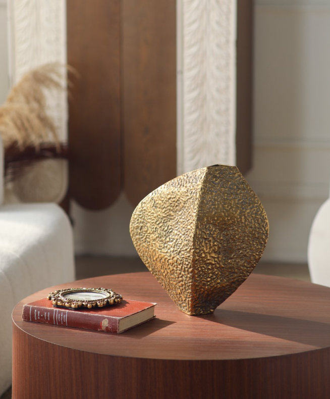 Geometric Hammered Gold Metal Vase  – Modern Rustic Sculptural Décor