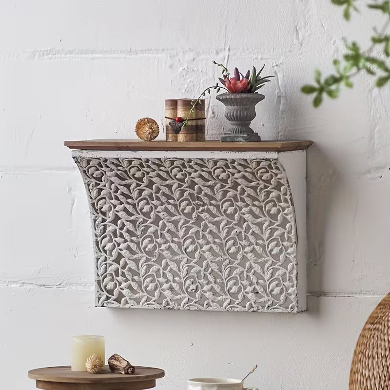 Rustic Carved Wall Shelf Cabinet – Vintage Hanging Storage Console