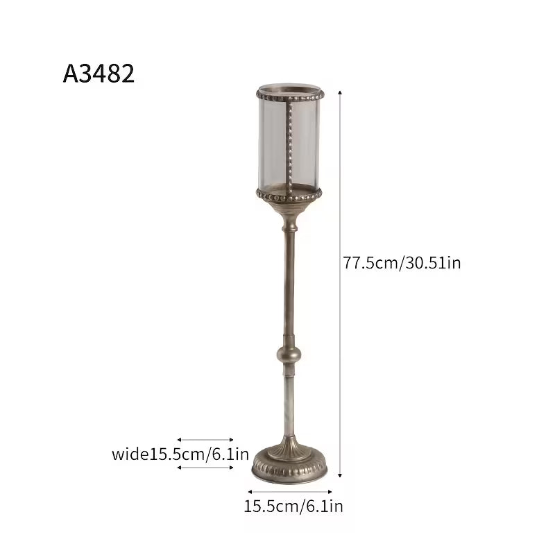 Vintage Tall Metal Candle Lantern Stand Set – Rustic Floor Candle Holders with Glass Shade