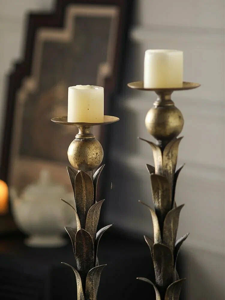 Rustic Antique Gold Candle Holder Set – Vintage Leaf Design Stands