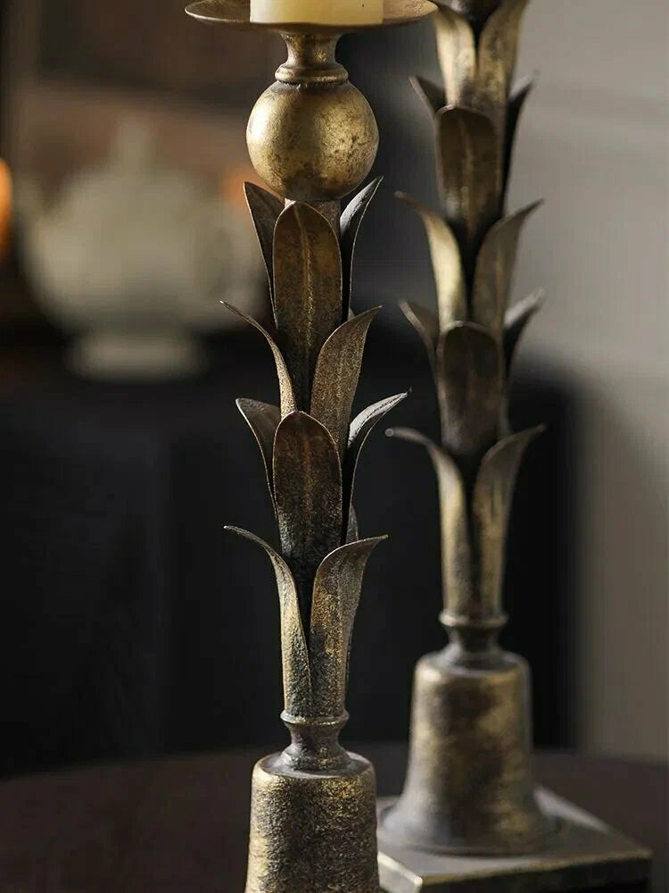 Rustic Antique Gold Candle Holder Set – Vintage Leaf Design Stands