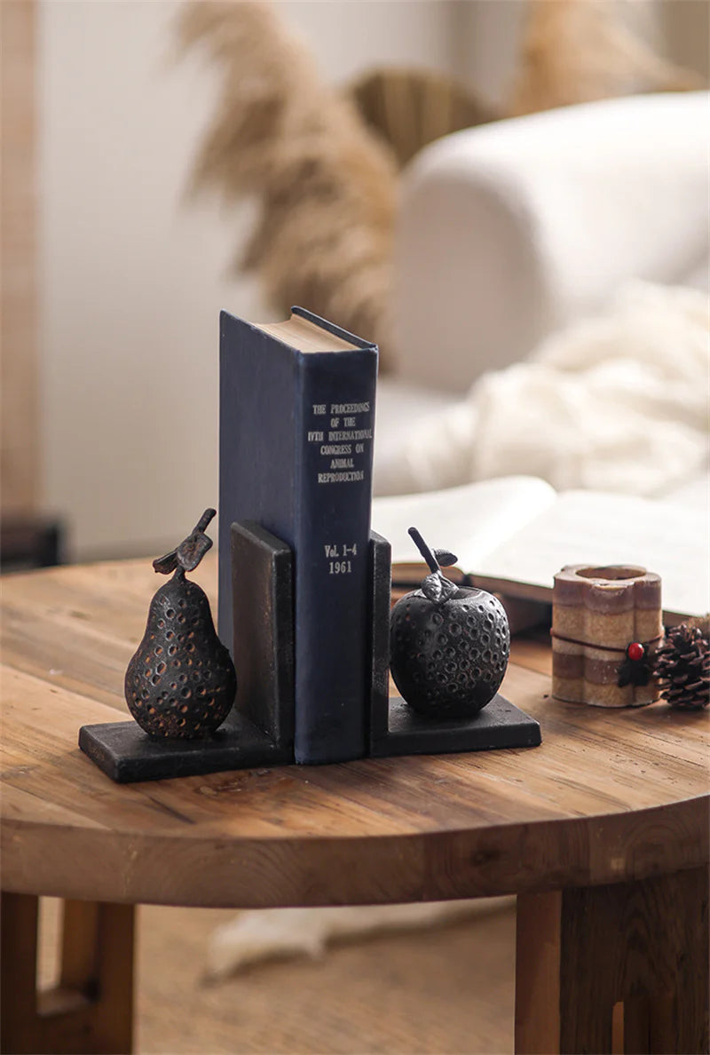 Rustic Fruit Accent Metal Bookends – Vintage Pear & Apple Set