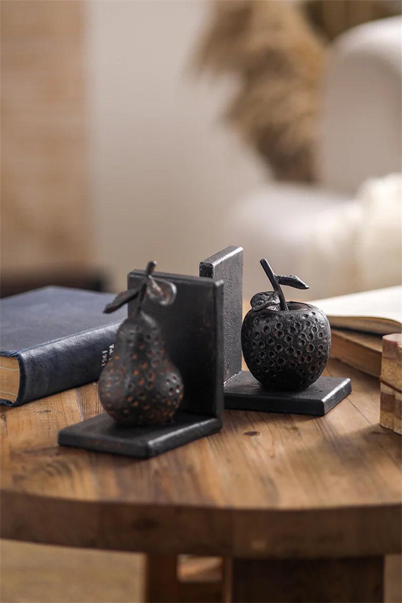 Rustic Fruit Accent Metal Bookends – Vintage Pear & Apple Set
