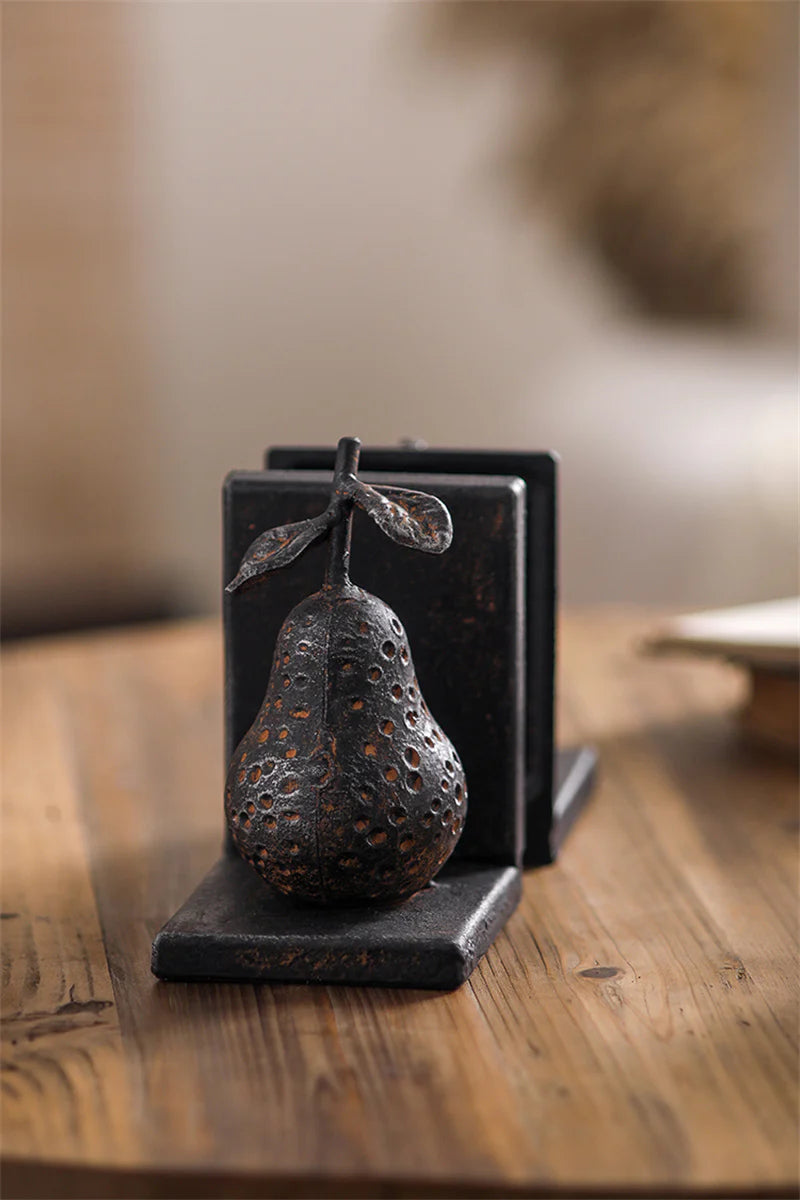 Rustic Fruit Accent Metal Bookends – Vintage Pear & Apple Set